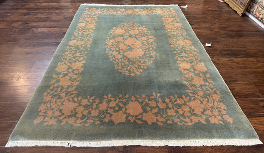 Teal Chinese Wool Rug 6x8, Vintage Handmade Carpet, Floral, Semi Open Field - Nuvé