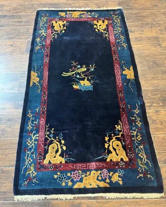 Antique Chinese Peking Rug 3x6, Dark Blue, Bird Motif, Handmade Wool Art Deco Asian Oriental Carpet, Pair B - Nuvé