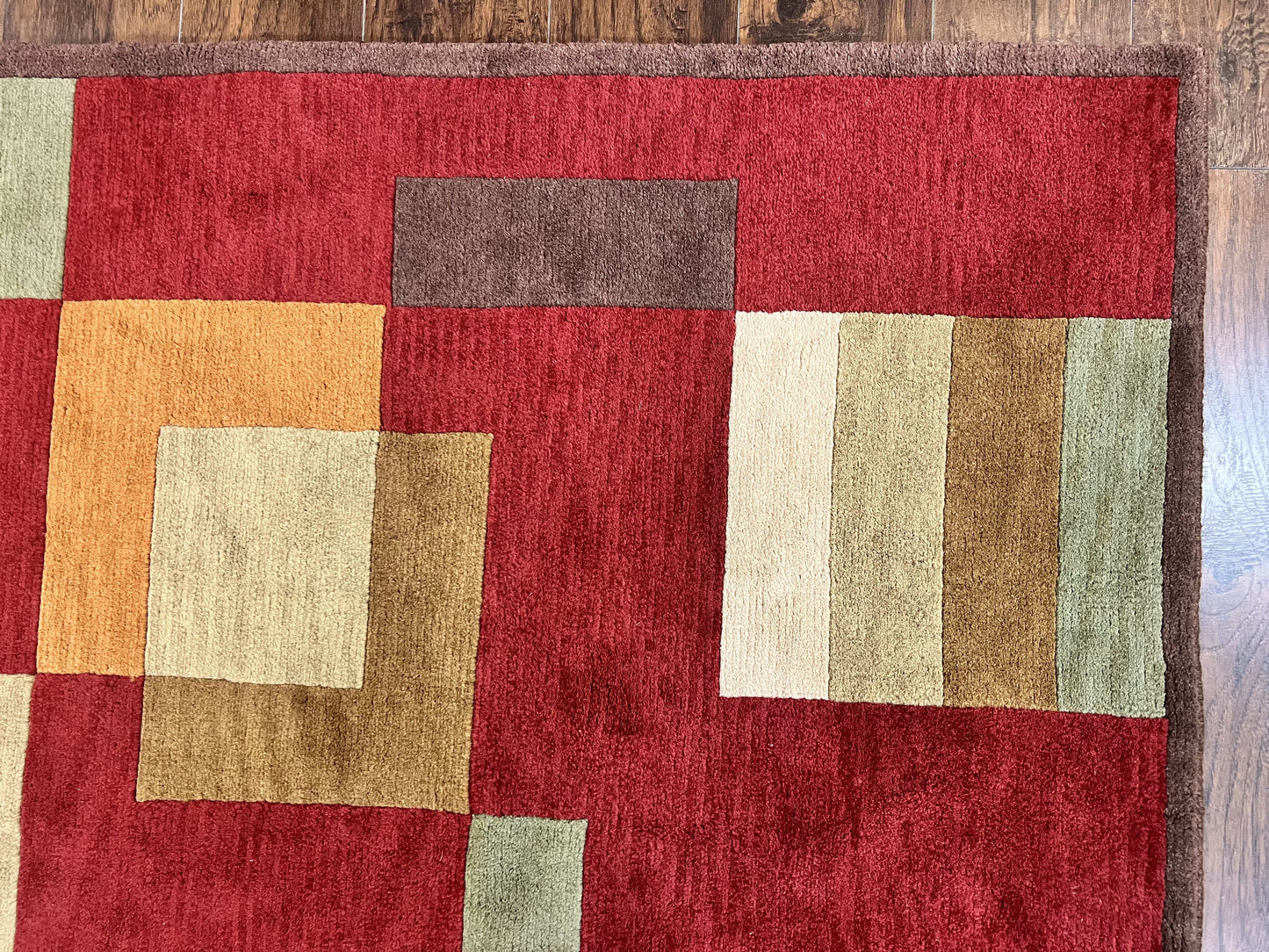 Indo Tibetan Modern Rug 5x8, Abstract Rug 5 x 8 ft, Red Multicolor Wool Handmade Contemporary Area Rug - Nuvé