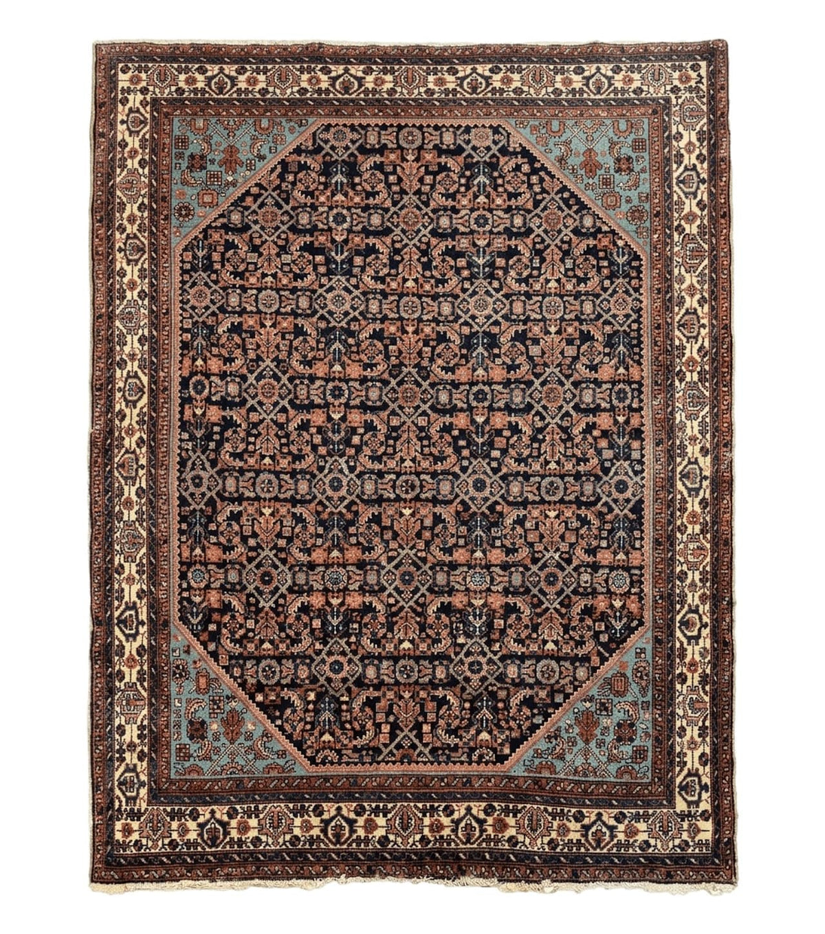 Antique Persian Rug 5 x 6.7, Navy Blue & Ivory, Handmade Persian Wool Carpet, Hamadan Angelas Rug