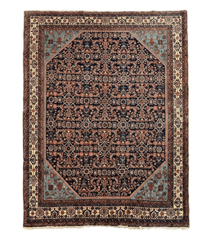 Antique Persian Rug 5 x 6.7, Navy Blue & Ivory, Handmade Persian Wool Carpet, Hamadan Angelas Rug