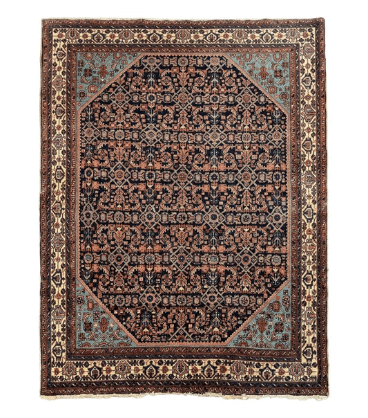 Antique Persian Rug 5 x 6.7, Navy Blue & Ivory, Handmade Persian Wool Carpet, Hamadan Angelas Rug