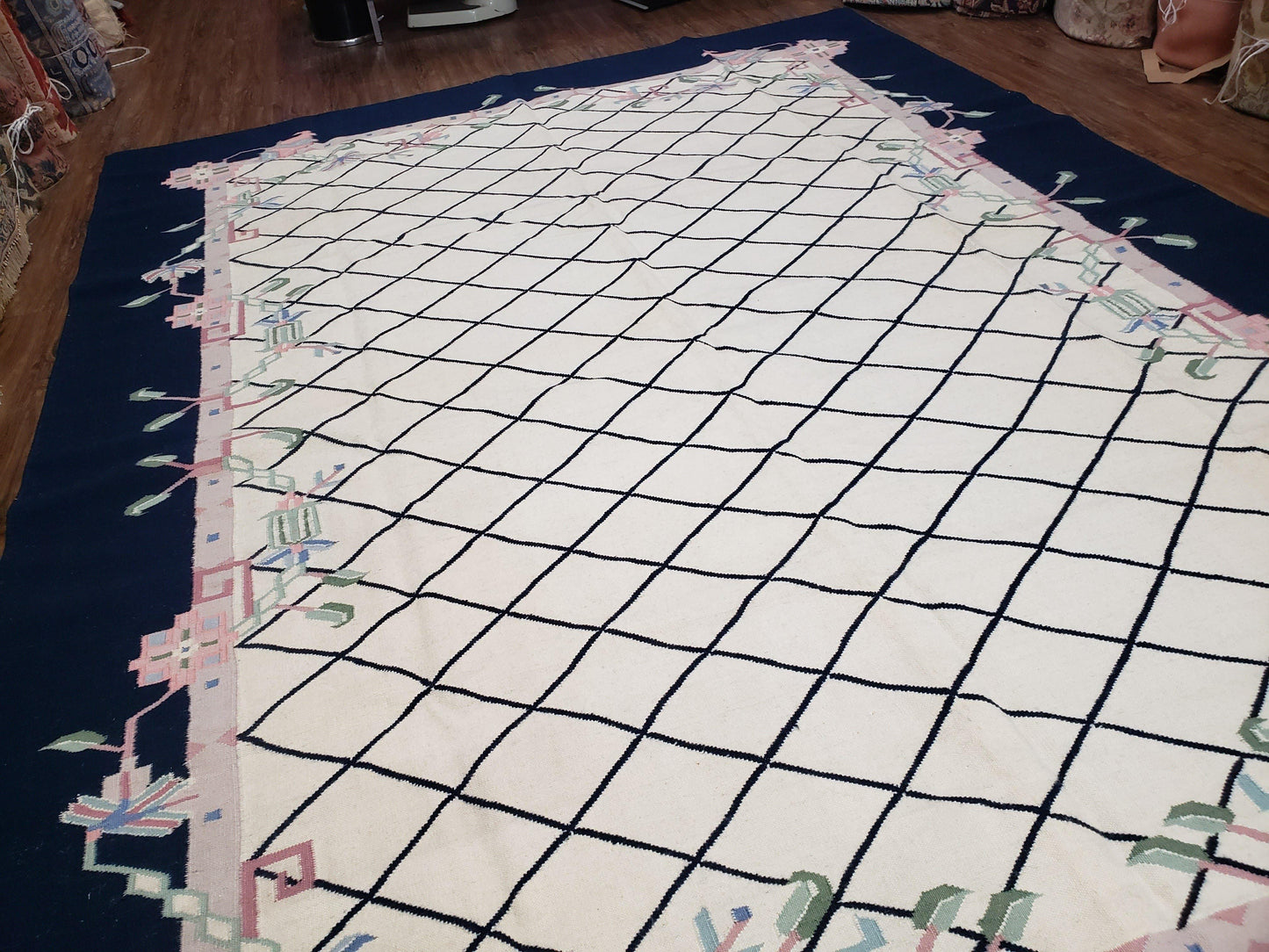 Vintage Dhurrie Rug, Indian Dhurrie 8x11 - 9x11, Wool Hand-Woven Ivory & Black Indo Carpet, Large Flat Weave Rug Living Room Rug Black White - Nuvé