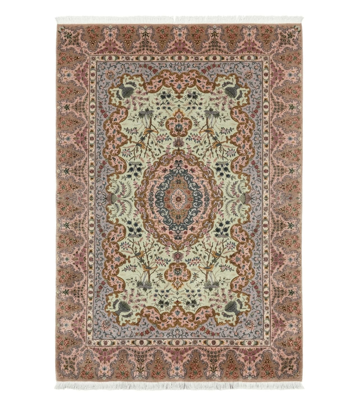 Wonderful Persian Tabriz Rug 7x10, Very Fine 330 KPSI, Light Green Light Blue Pink, Kork Wool Silk Foundation, Bird Pictorials