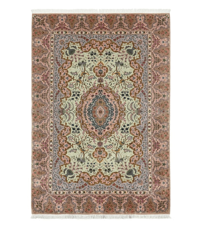 Wonderful Persian Tabriz Rug 7x10, Very Fine 330 KPSI, Light Green Light Blue Pink, Kork Wool Silk Foundation, Bird Pictorials