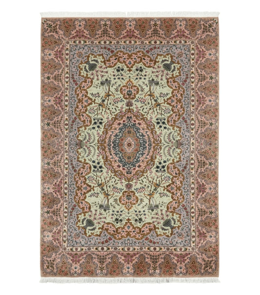 Wonderful Persian Tabriz Rug 7x10, Very Fine 330 KPSI, Light Green Light Blue Pink, Kork Wool Silk Foundation, Bird Pictorials