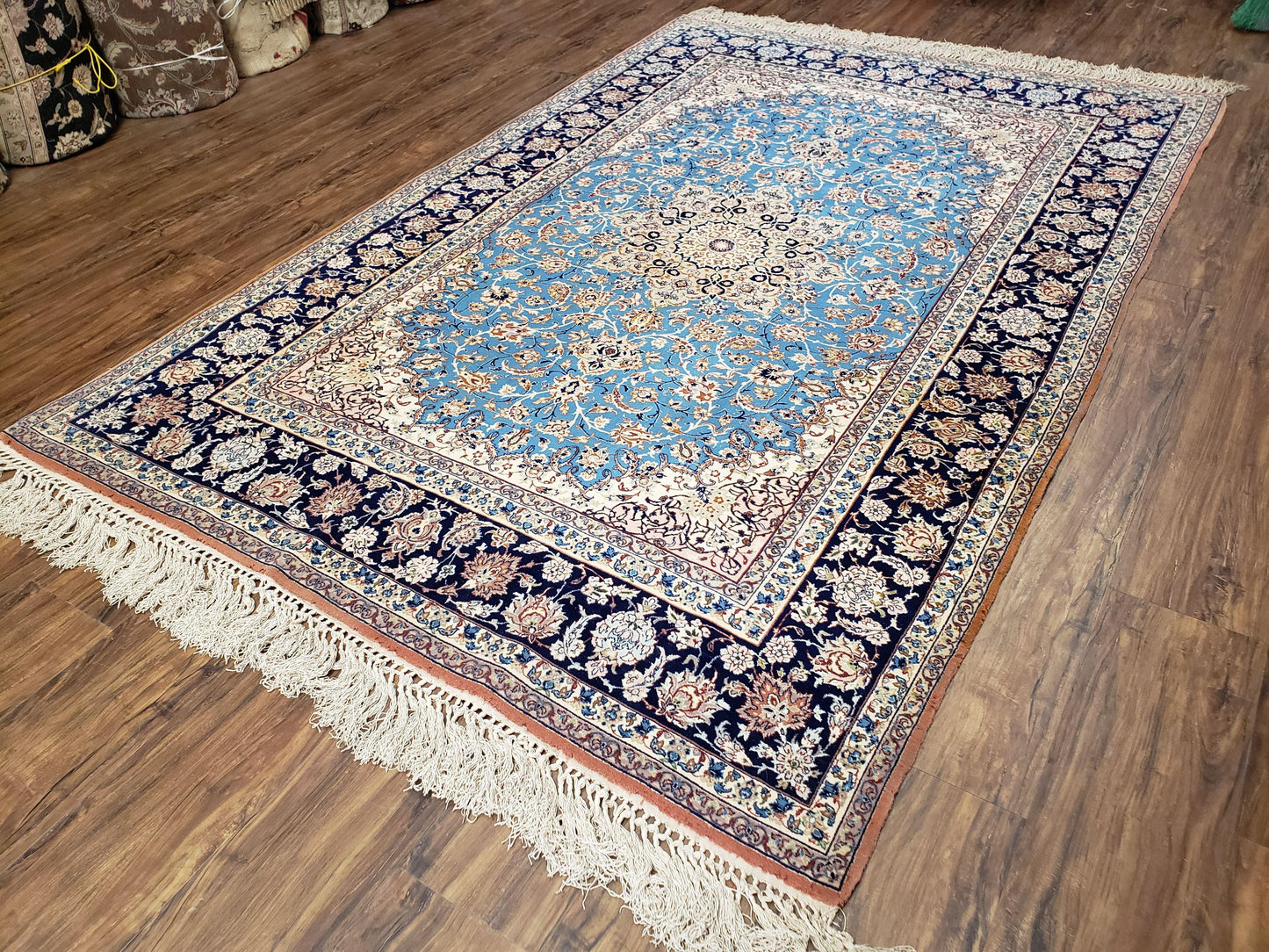 Persian Isfahan Rug, Kork Wool on Silk Foundation, Sky Blue, Hand-Knotted, 5' 1" x 7' 8" - Nuvé
