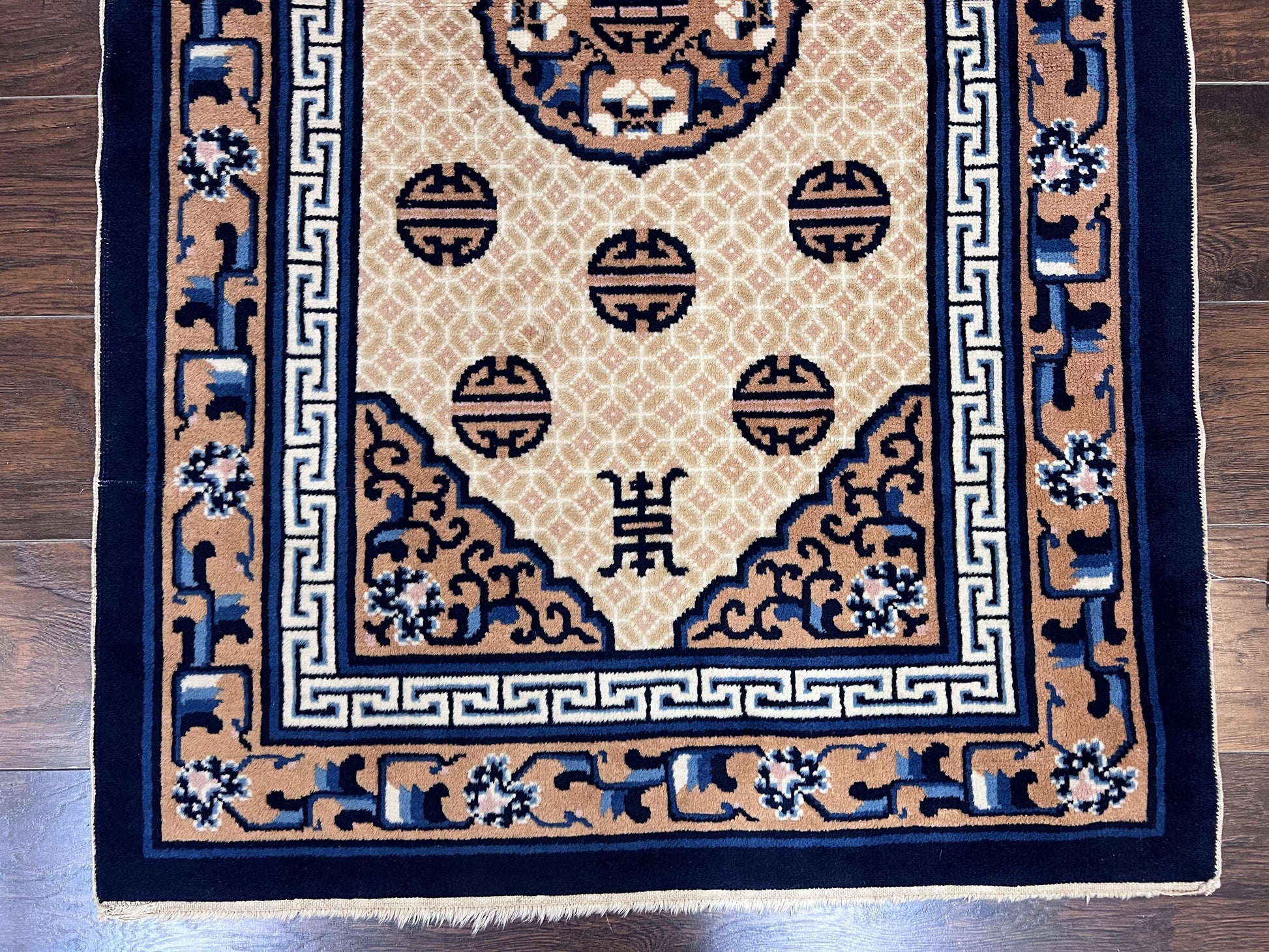 Chinese Peking Rug 3x5, Antique Chinese Art Deco Carpet, Blue Ivory Tan, Hand Knotted Wool Asian Oriental Rug 3 x 5 Vintage Small Peking Rug - Nuvé