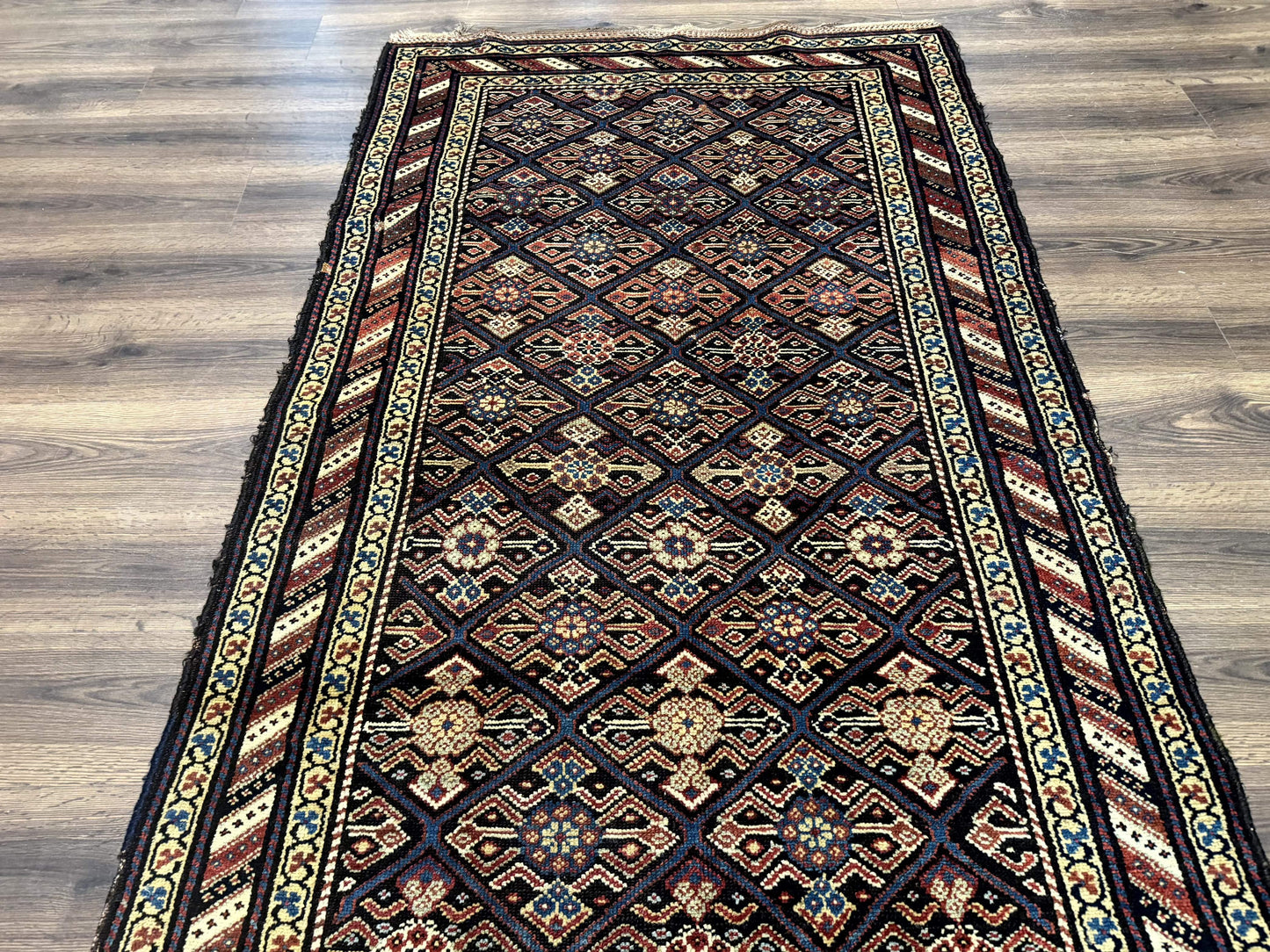 Antique Persian Wide Runner Rug 4x9, Kurdish Rug, Panel Design, Rainbow Border, Rare Tribal Rug - Nuvé