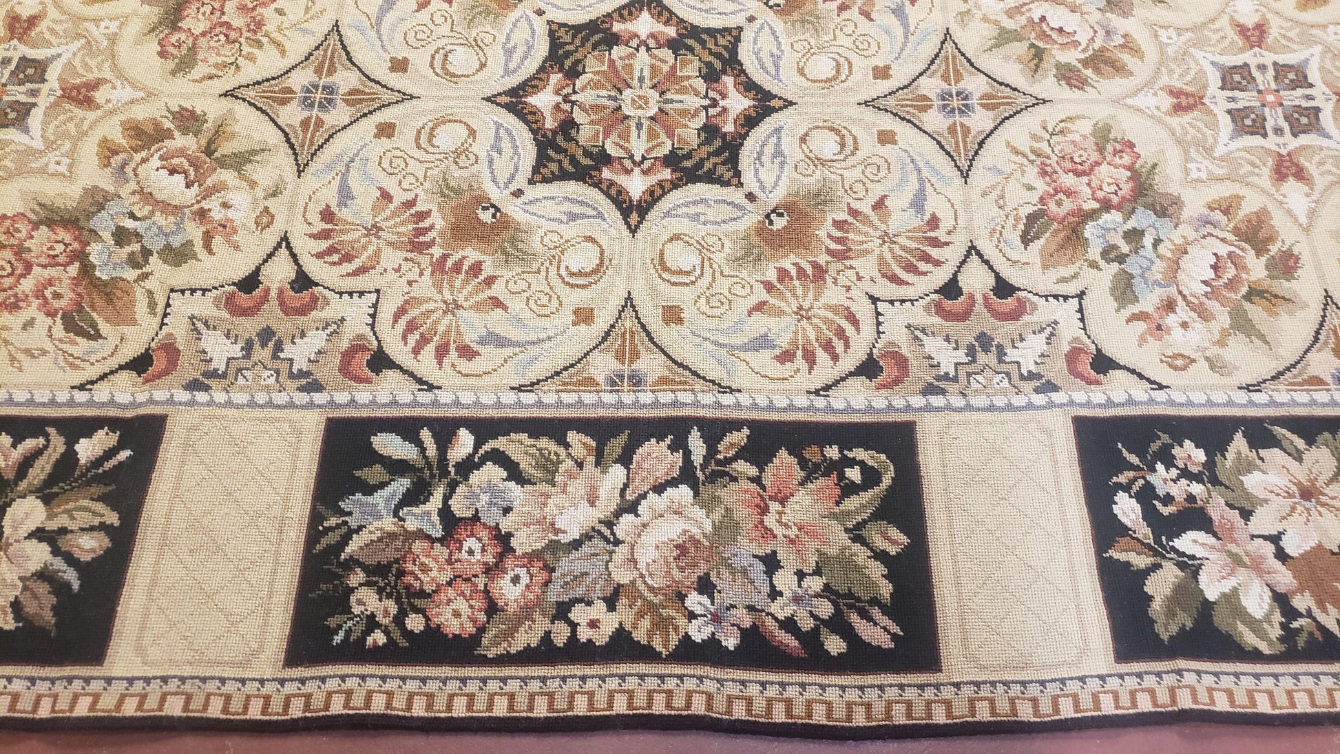 Needlepoint Rug 8x10ft Allover European Design Flowers 100% Wool Hand Knotted Aubusson Area Rug Brand New Flatweave Needle Point Carpet Chic - Nuvé