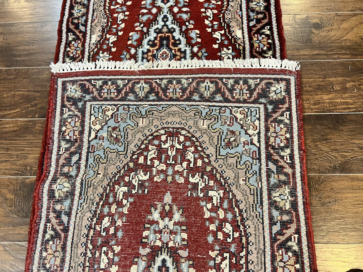 Indo Persian Runner Rug 2.8 x 14.8, Long Indo Kirman Hallway Rug, Red Floral Wool Vintage Handmade Oriental Runner - Nuvé