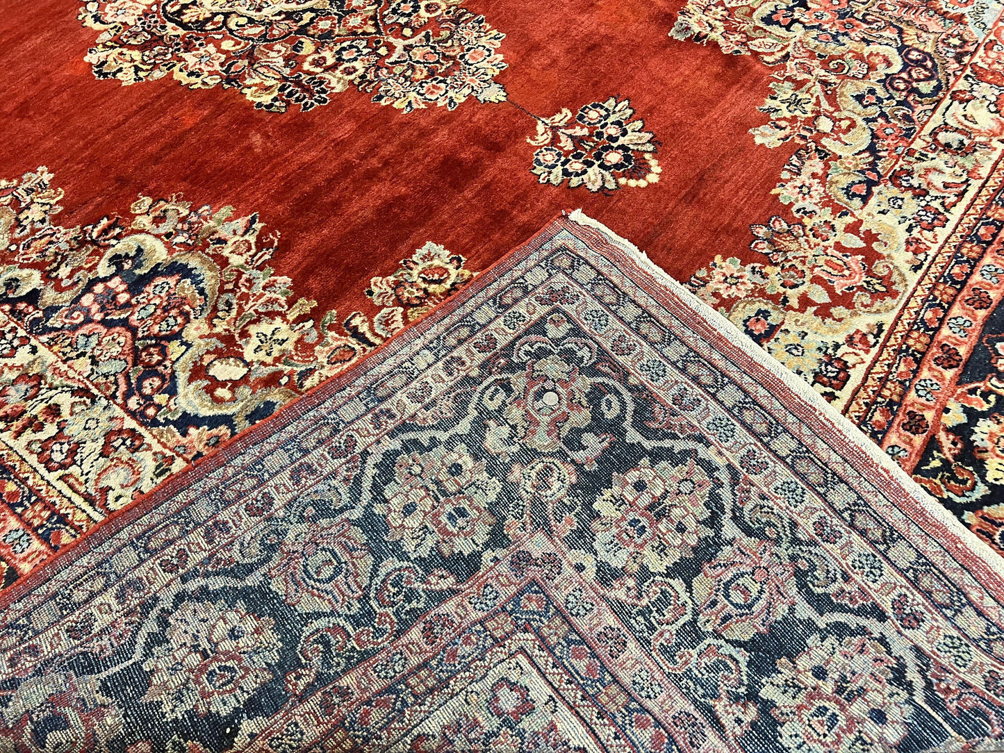 Persian Sarouk Rug 11x14, Semi Open Field, Large Antique Persian Wool Handmade Carpet, Red and Dark Blue, Floral - Nuvé