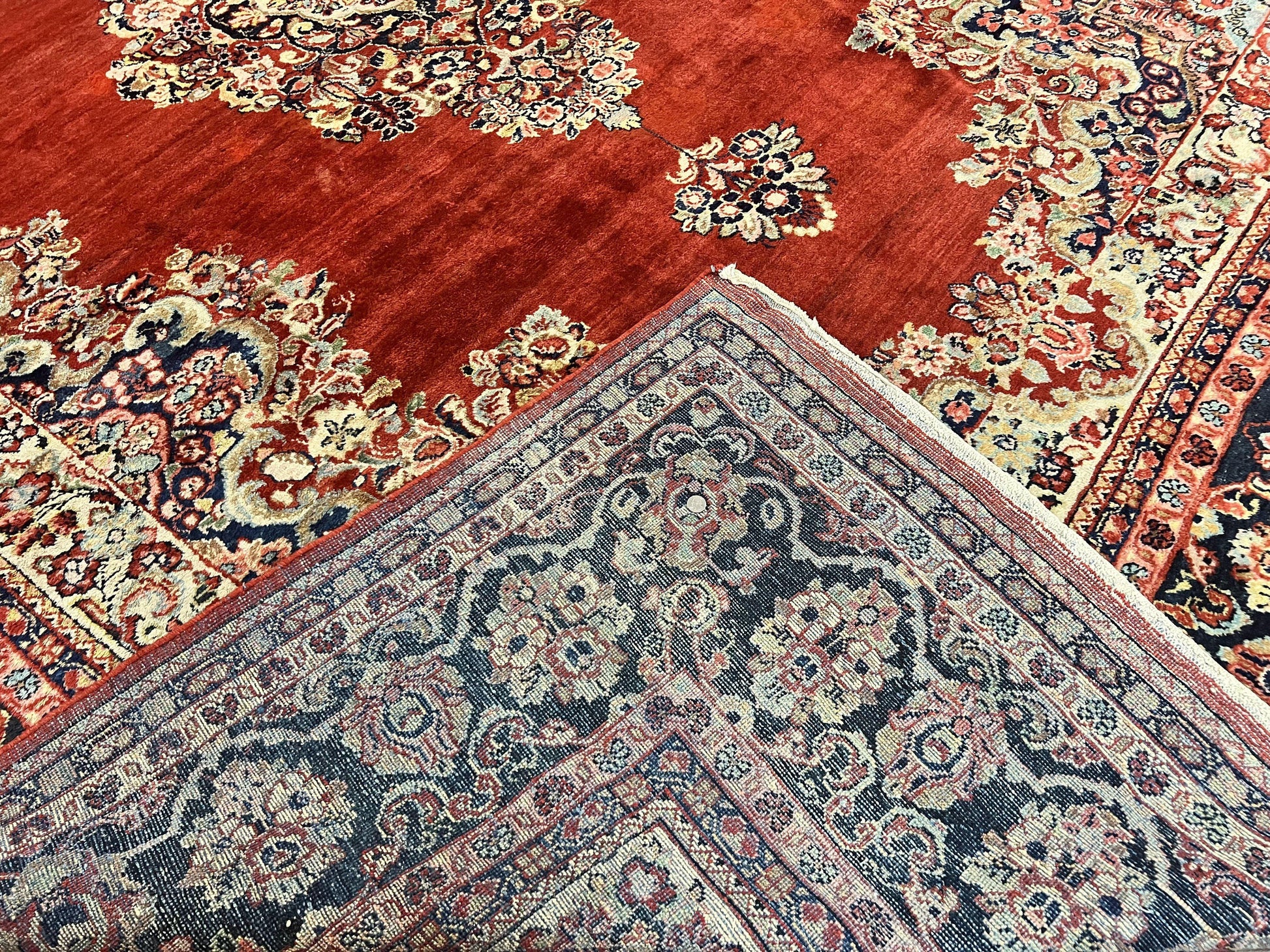 Persian Sarouk Rug 11x14, Semi Open Field, Large Antique Persian Wool Handmade Carpet, Red and Dark Blue, Floral - Nuvé