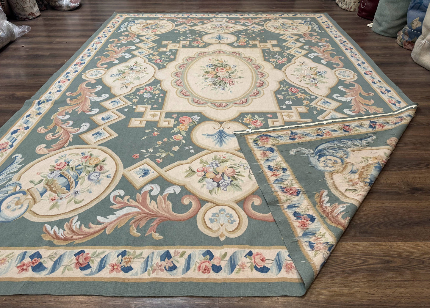 Aubusson Rug 9x12, Muted Sage Green and Cream, European Design - Nuvé