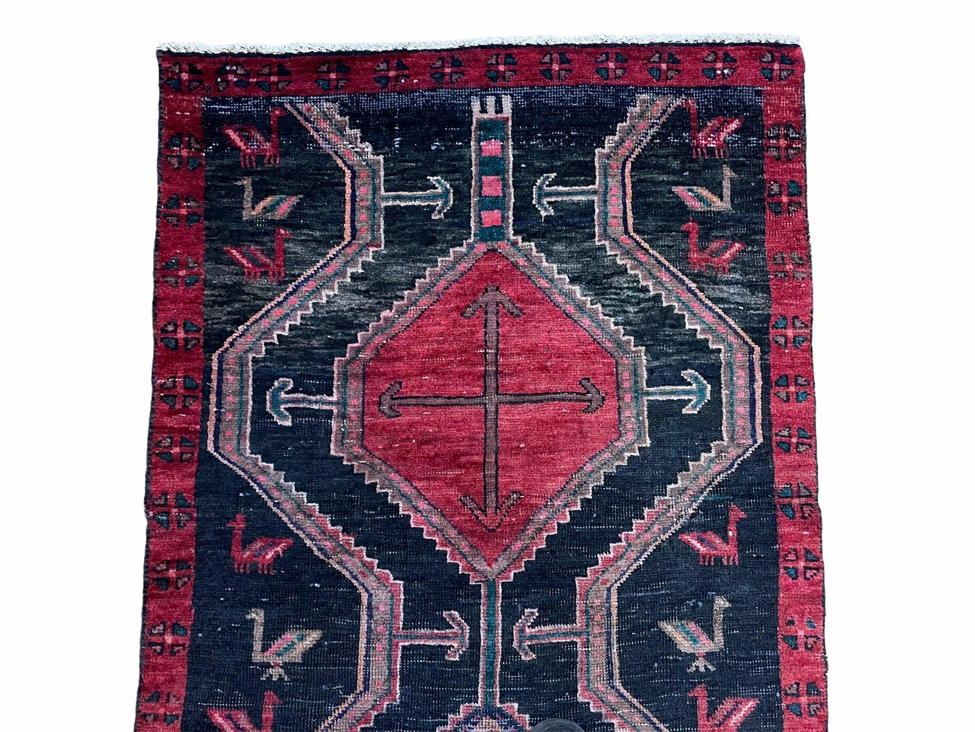 3 X 7 Handmade Wool Tribal Runner Rug Geometric Red Blue Boho Organic Dyes - Nuvé