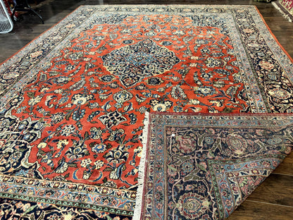 Red Persian Kashan Rug 10x14, Hand-Knotted Semi Antique Floral Medallion Handmade Wool Carpet, Red & Navy Blue - Nuvé