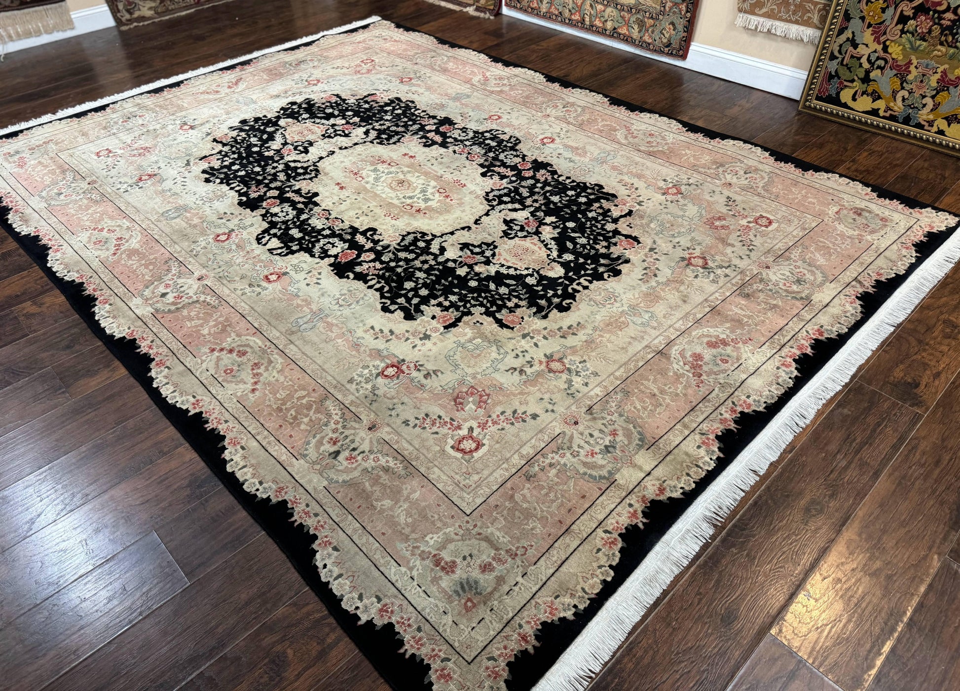 Pak Persian Tabriz Rug 8.6 x 11.6, Black Pink, Traditional Elegant Formal Oriental Carpet, Dining Room Rug, Fine 225 KPSI - Nuvé
