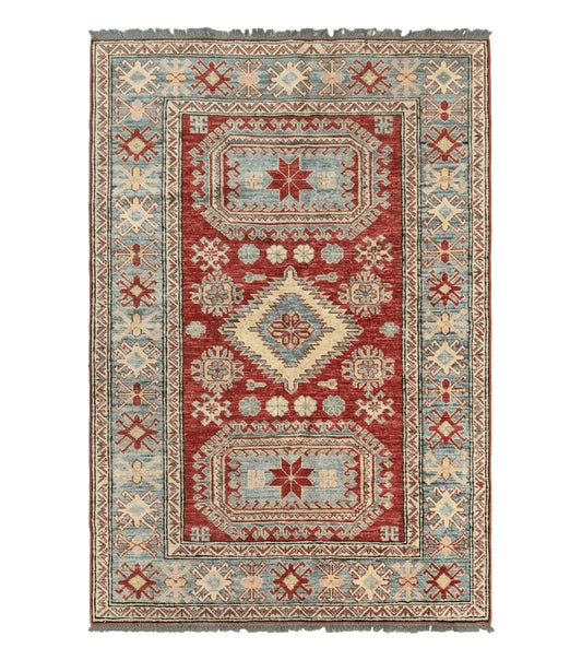 Turkish Kazak Rug 4x6, Handmade Vintage Wool Carpet, Geometric Design, Red and Light Blue