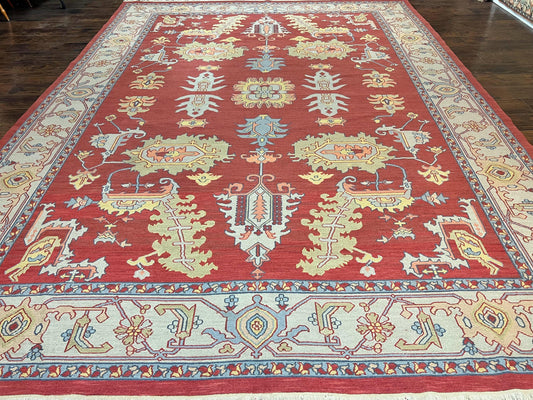 Indo Heriz Flatweave Rug 10x14, Indian Large Room Sized Carpet 10 x 14 ft, Red Green Floral Allover, Wool Handmade Vintage Oriental Rug - Nuvé