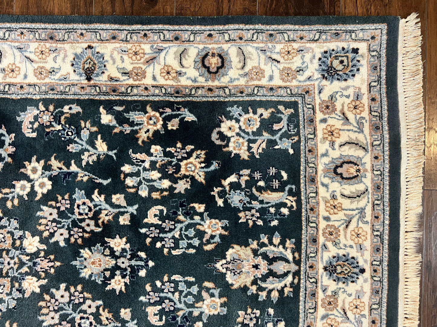 Green Indo Persian Rug 4x6, Floral Allover, Handmade Vintage Oriental Carpet, Sarouk Rug, Wool - Nuvé