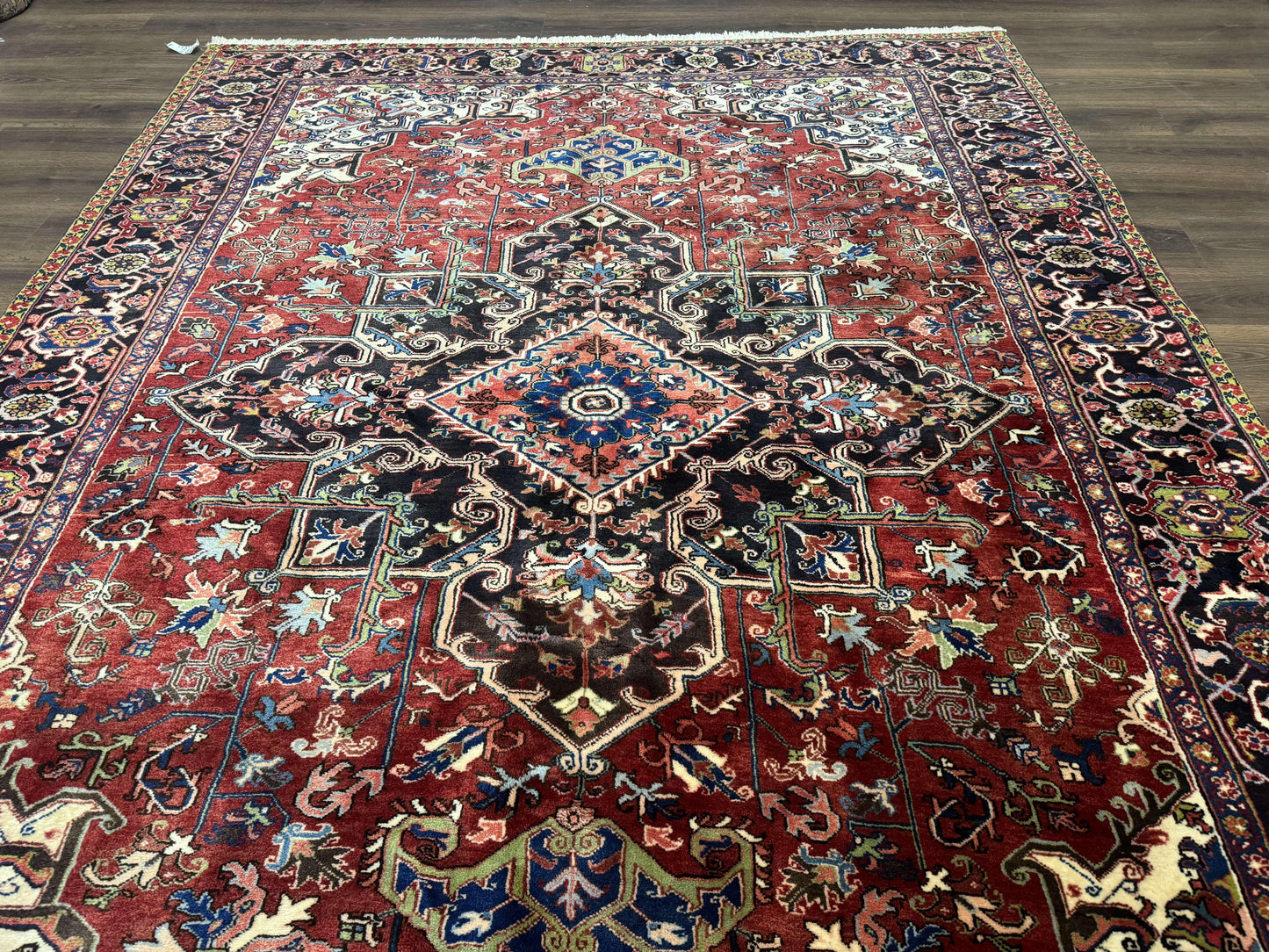 Antique Persian Heriz Rug 8x11, Geometric Tribal Wool Carpet, Brick Red - Nuvé