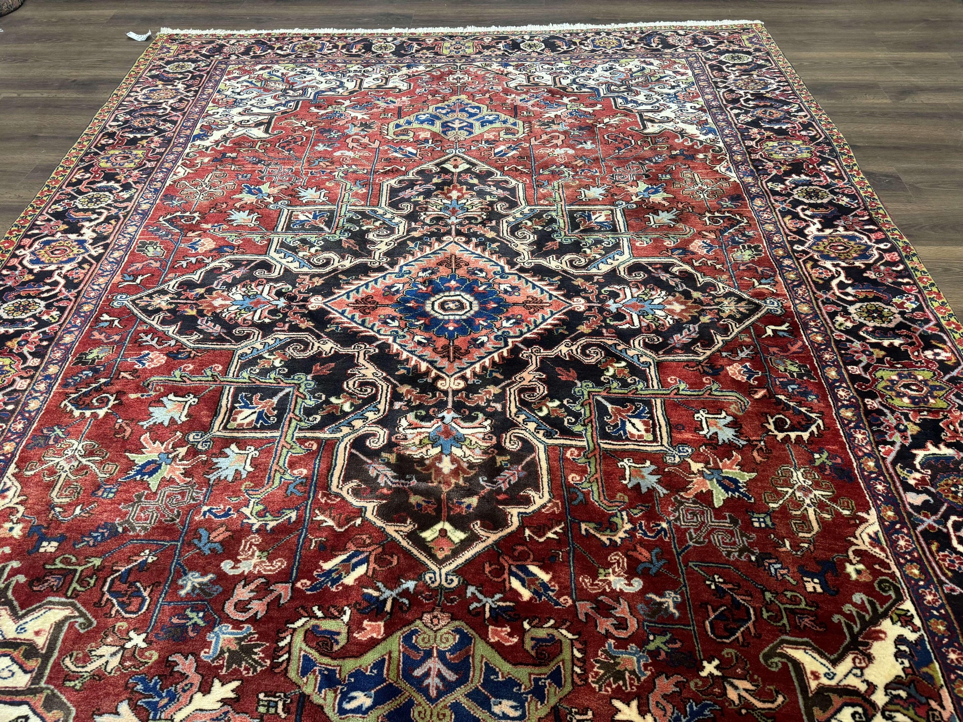 Antique Persian Heriz Rug 8x11, Geometric Tribal Wool Carpet, Brick Red - Nuvé
