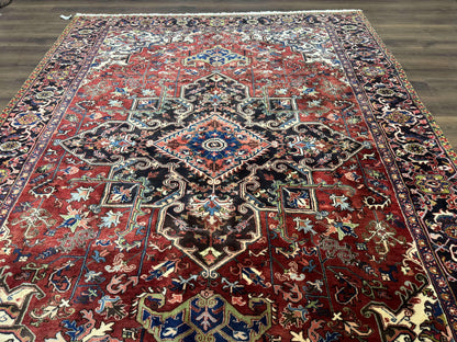 Antique Persian Heriz Rug 8x11, Geometric Tribal Wool Carpet, Brick Red - Nuvé