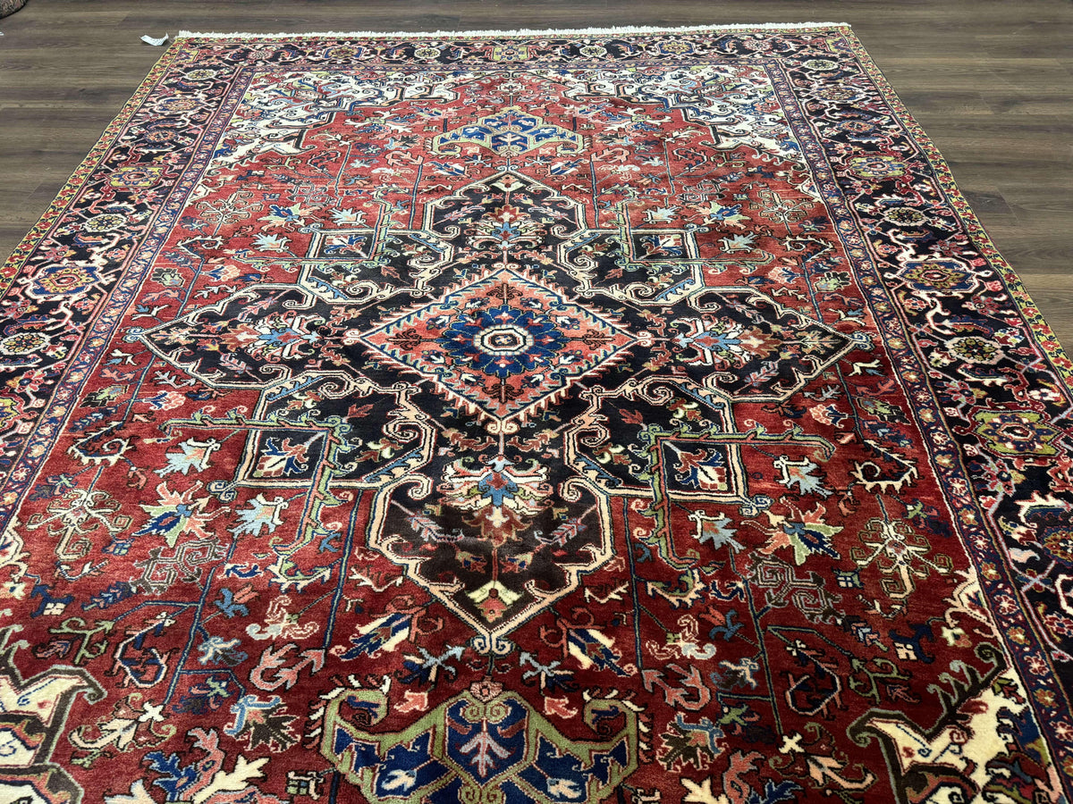 Antique Persian Heriz Rug 8x11, Geometric Tribal Wool Carpet, Brick Red