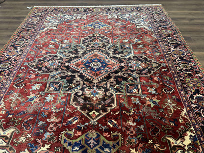 Antique Persian Heriz Rug 8x11, Geometric Tribal Wool Carpet, Brick Red