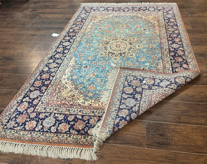 Light Blue Persian Isfahan Rug 5x8, Floral Medallion, Wool on Silk Foundation, Very Fine 530 KPSI, Handmade Carpet - Nuvé