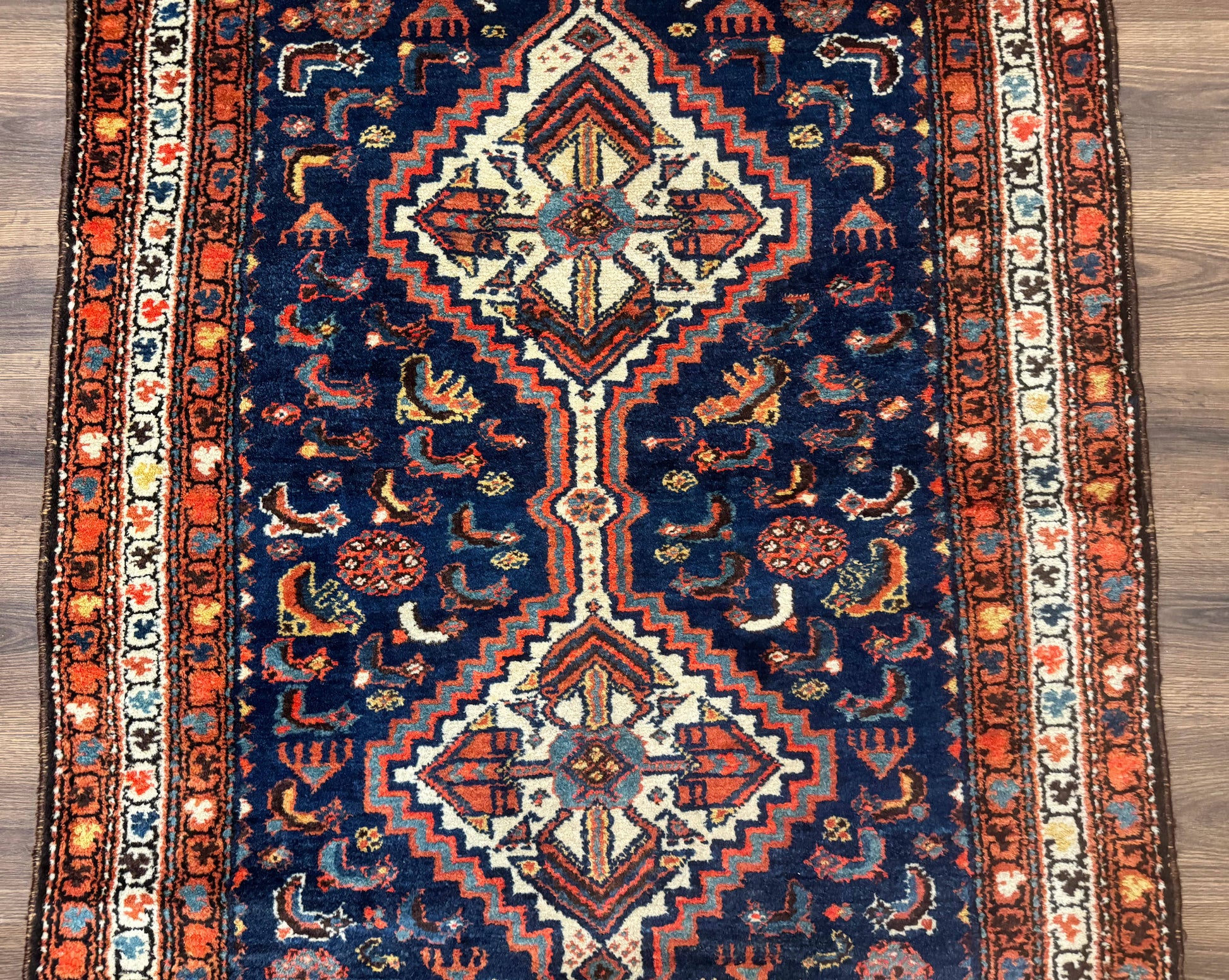 Antique Persian Hamadan Rug 4x6, Geometric, Double Medallions, Navy Blue, Tribal Carpet - Nuvé