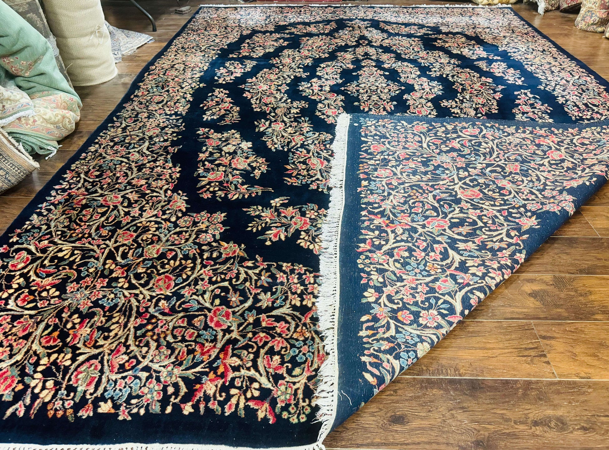 Antique Persian Kerman Rug 10x13, Navy Blue Floral Carpet, Fine 270 KPSI - Nuvé