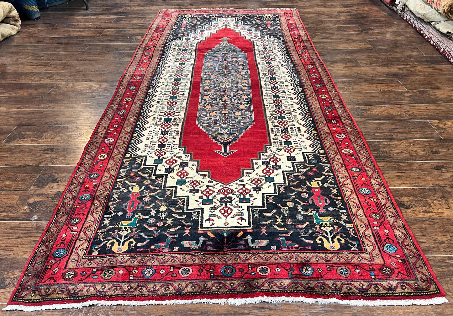 Persian Rug 5x12 ft, Red Cream Navy Blue, Pictorials, Hand Knotted Handmade Wide Runner Tribal Bidjar Semi Antique Wool Geometric Oriental Rug - Nuvé
