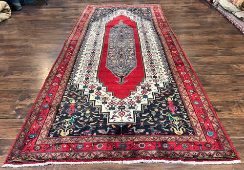 Persian Rug 5x12 ft, Red Cream Navy Blue, Pictorials, Hand Knotted Handmade Wide Runner Tribal Bidjar Semi Antique Wool Geometric Oriental Rug - Nuvé
