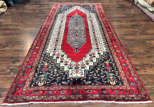 Persian Rug 5x12 ft, Red Cream Navy Blue, Pictorials, Hand Knotted Handmade Wide Runner Tribal Bidjar Semi Antique Wool Geometric Oriental Rug - Nuvé