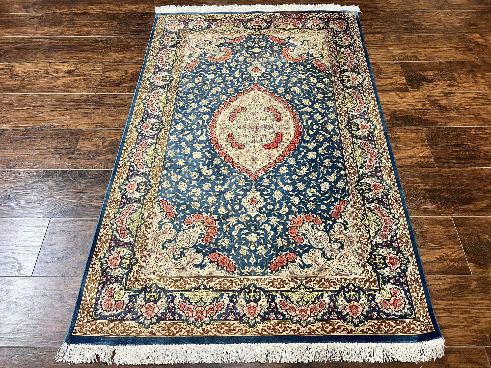 Magnificent Persian Qum Silk Rug 3x5, Blue, Super Fine 675 KPSI - 70 Raj, Floral Roses, Handmade Vintage Silk Carpet, Masterpiece - Nuvé