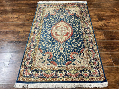Magnificent Persian Qum Silk Rug 3x5, Blue, Super Fine 675 KPSI - 70 Raj, Floral Roses, Handmade Vintage Silk Carpet, Masterpiece - Nuvé