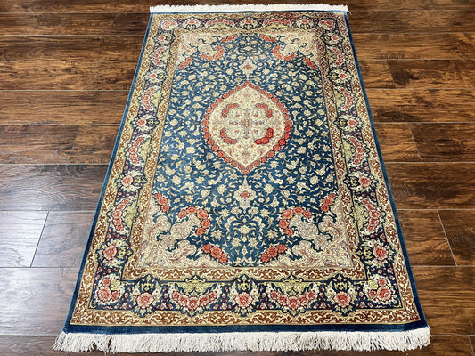 Magnificent Persian Qum Silk Rug 3x5, Blue, Super Fine 675 KPSI - 70 Raj, Floral Roses, Handmade Vintage Silk Carpet, Masterpiece - Nuvé