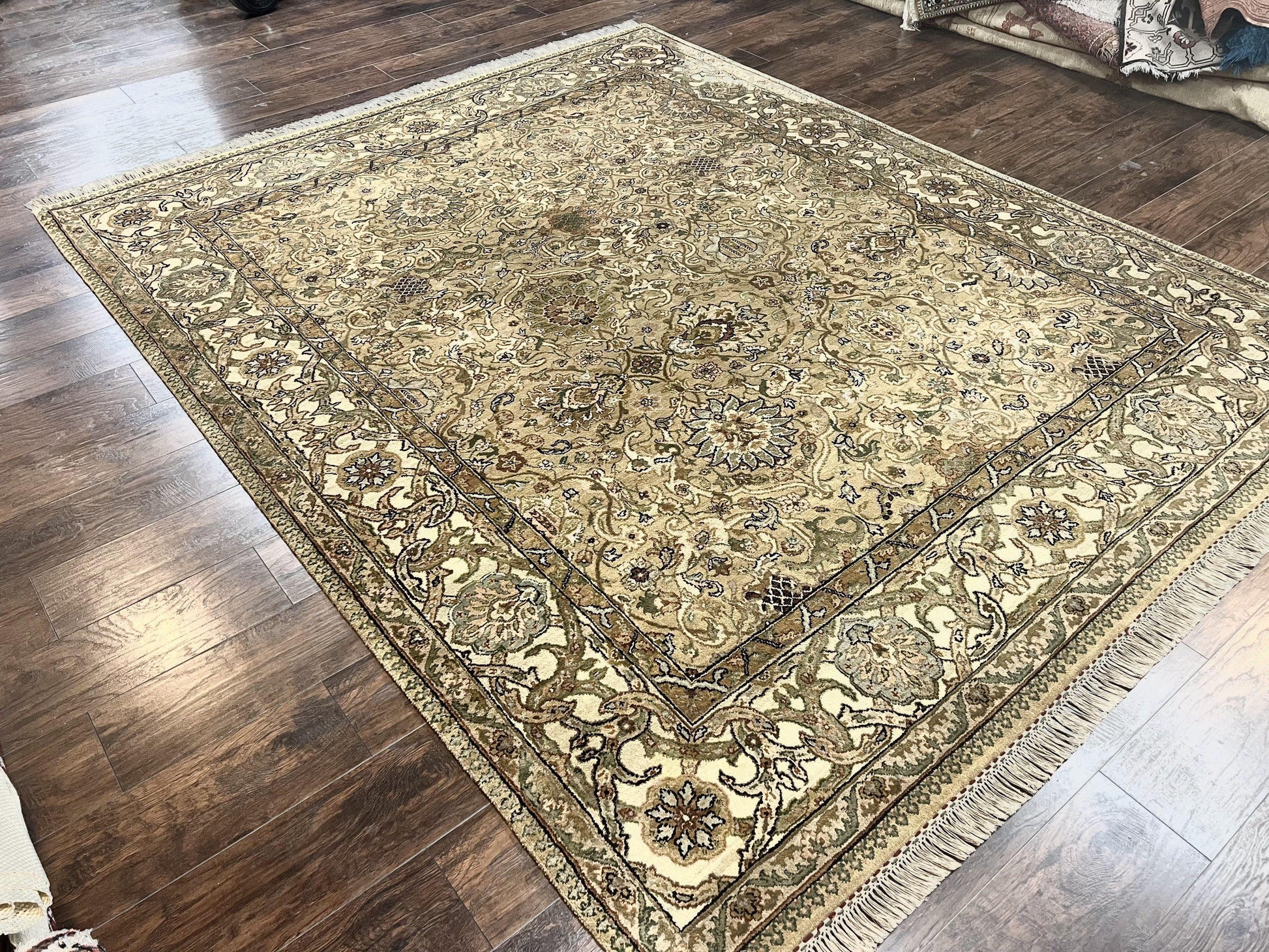 Indo Mahal Rug 8x10, Indian Jaipur Rug 8 x 10 ft, Wool Indo Persian Carpet, Handmade Traditional Floral Area Rug, Olive Green, Vintage Rug - Nuvé