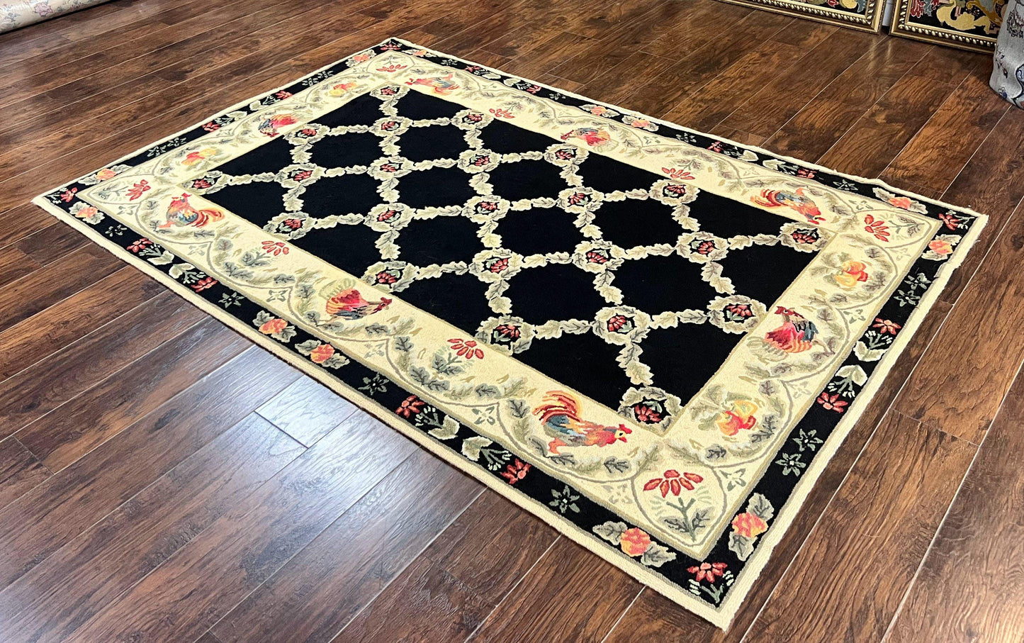 Hooked Rug 5x8, European Aubusson Pattern, Black and Ivory, Roses & Roosters, Vintage Wool Rug - Nuvé