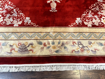 Chinese Wool Rug 8.6 x 11, Red and Beige Asian Oriental Carpet, Plush Pile, Vintage Handmade Chinese Carving Sculpted Rug, Semi Open Field - Nuvé