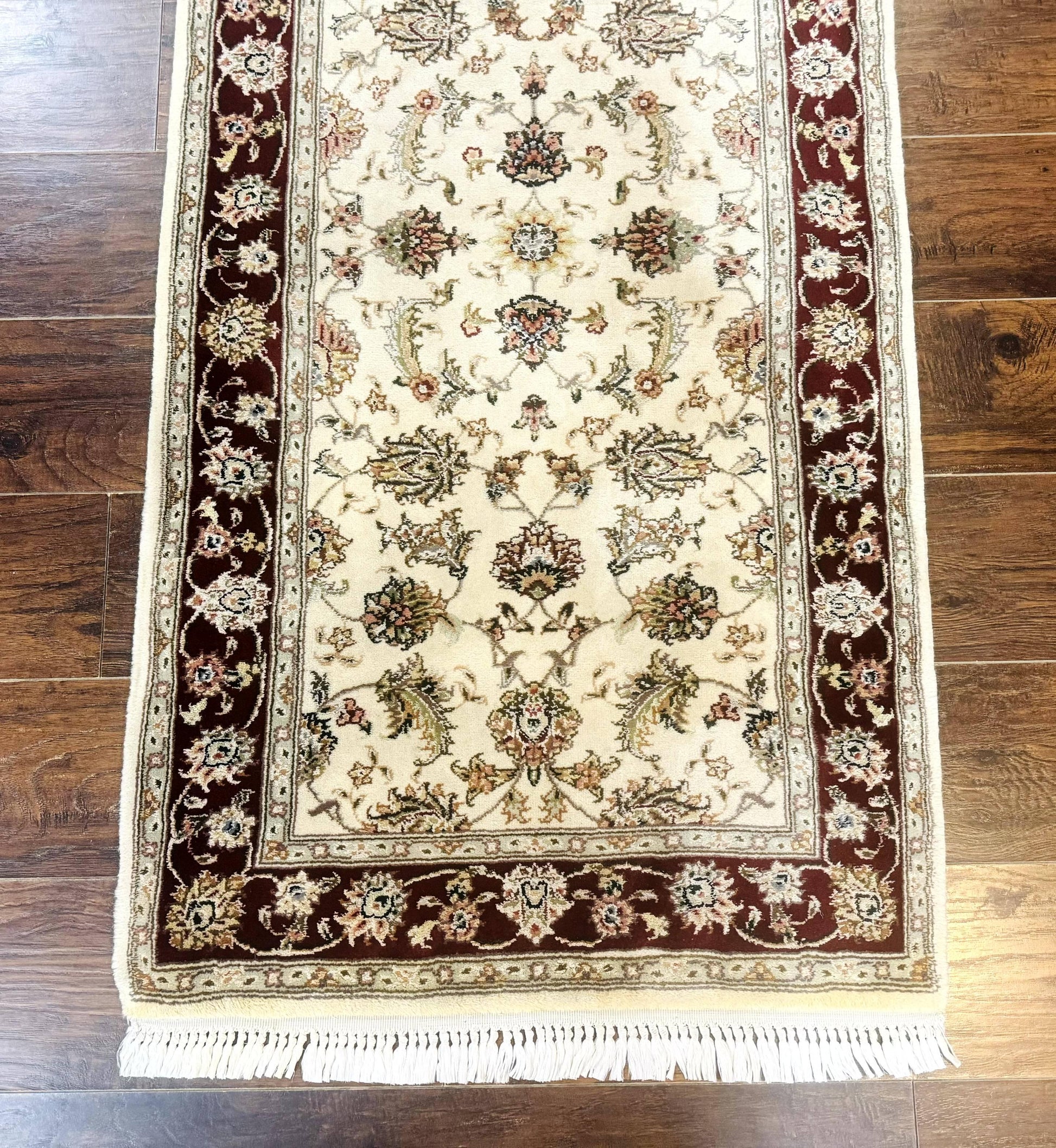 Pak Persian Runner Rug 2.8 x 8, Handmade Vintage Carpet, Beige and Maroon, Wool and Silk Highlights - Nuvé