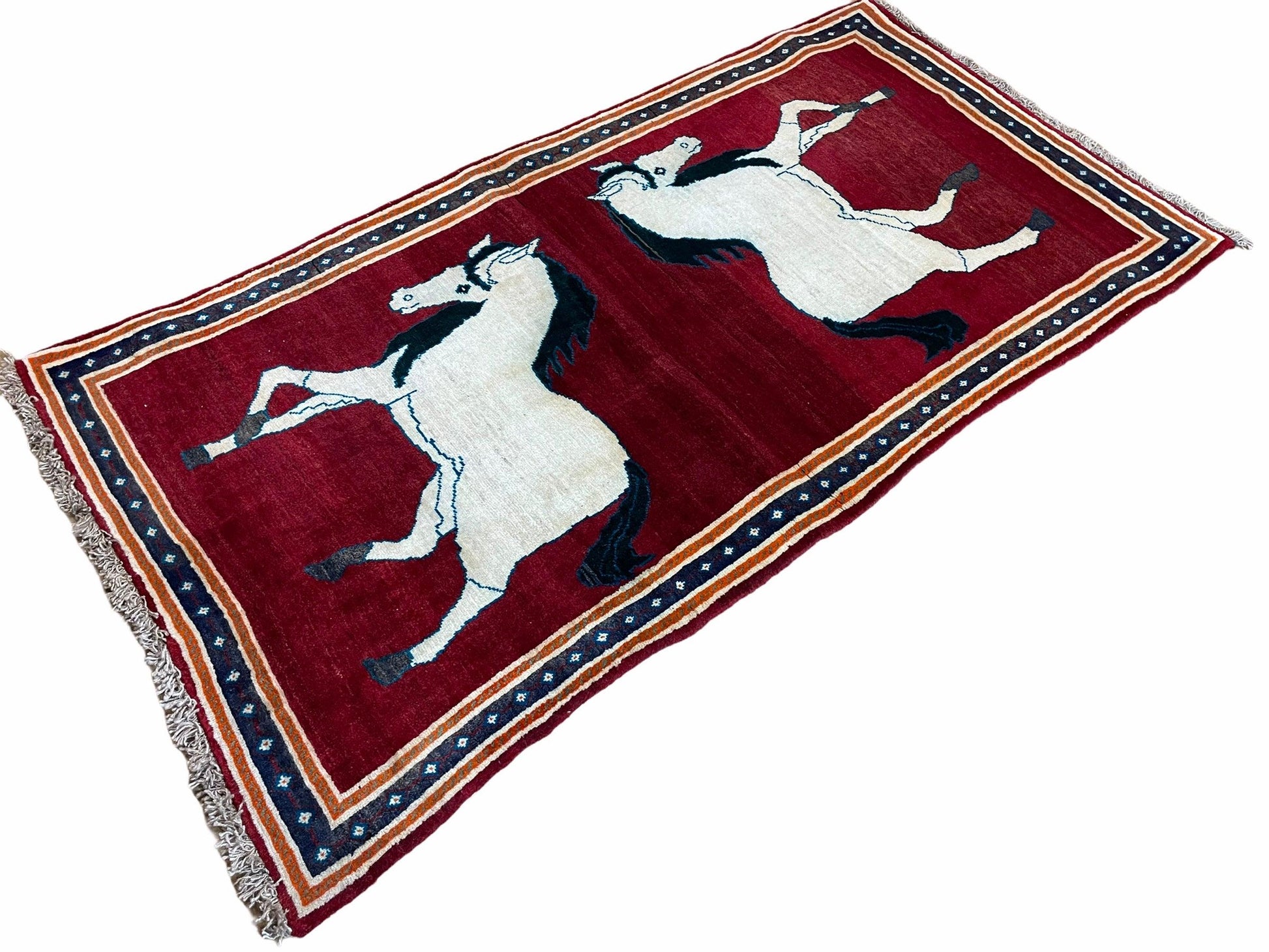3.5 X 6 Handmade Hand-Knotted New Vintage Rug Quality Wool White Horses Red - Nuvé
