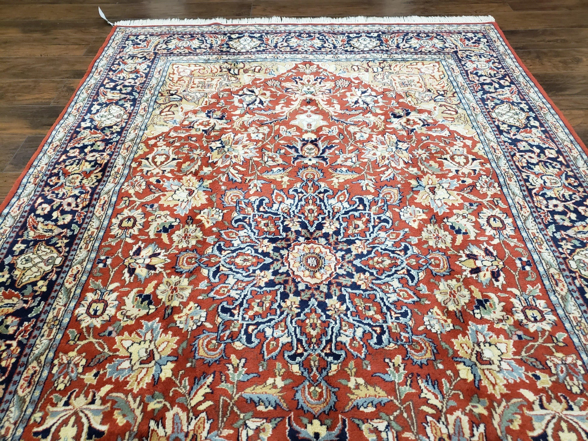 Vintage Indo Persian Oriental Rug 6 x 9.6, Wool Hand-Knotted Red Dark Blue & Gold Indian Carpet, 6 x 9 Office Room Rug, Floral Medallion - Nuvé