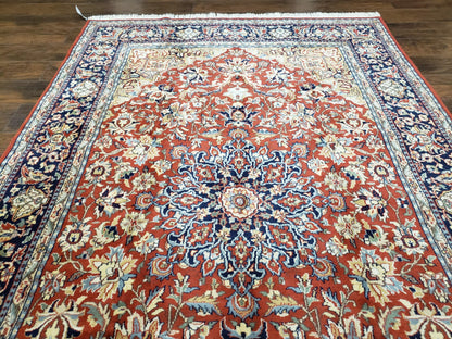 Vintage Indo Persian Oriental Rug 6 x 9.6, Wool Hand-Knotted Red Dark Blue & Gold Indian Carpet, 6 x 9 Office Room Rug, Floral Medallion - Nuvé