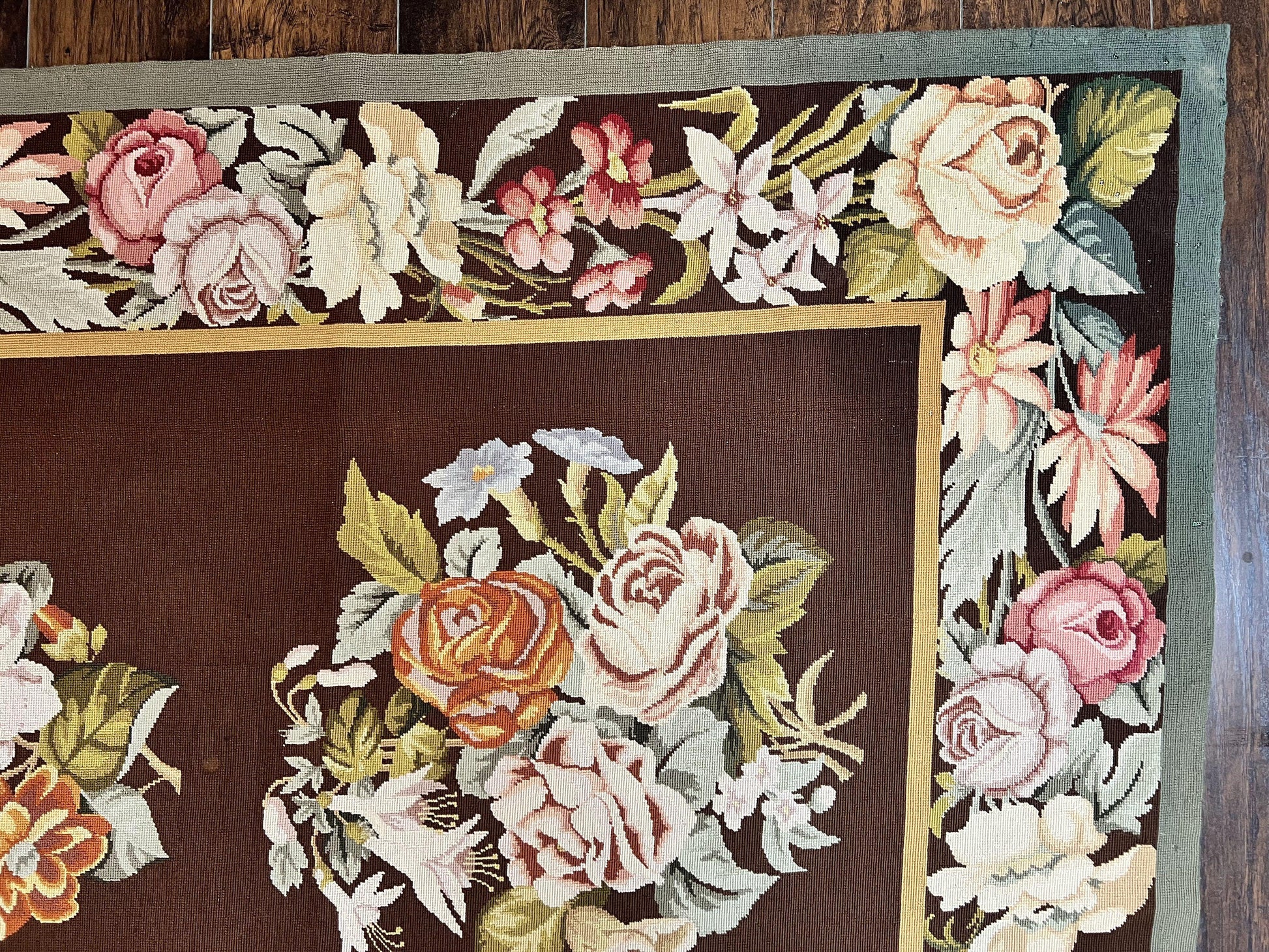 Vintage Needlepoint Rug 9x12, Large Handmade Hand-woven Needlepoint Carpet, Brown Area Rug, Floral Bouquets, Wool Rug, European Design - Nuvé
