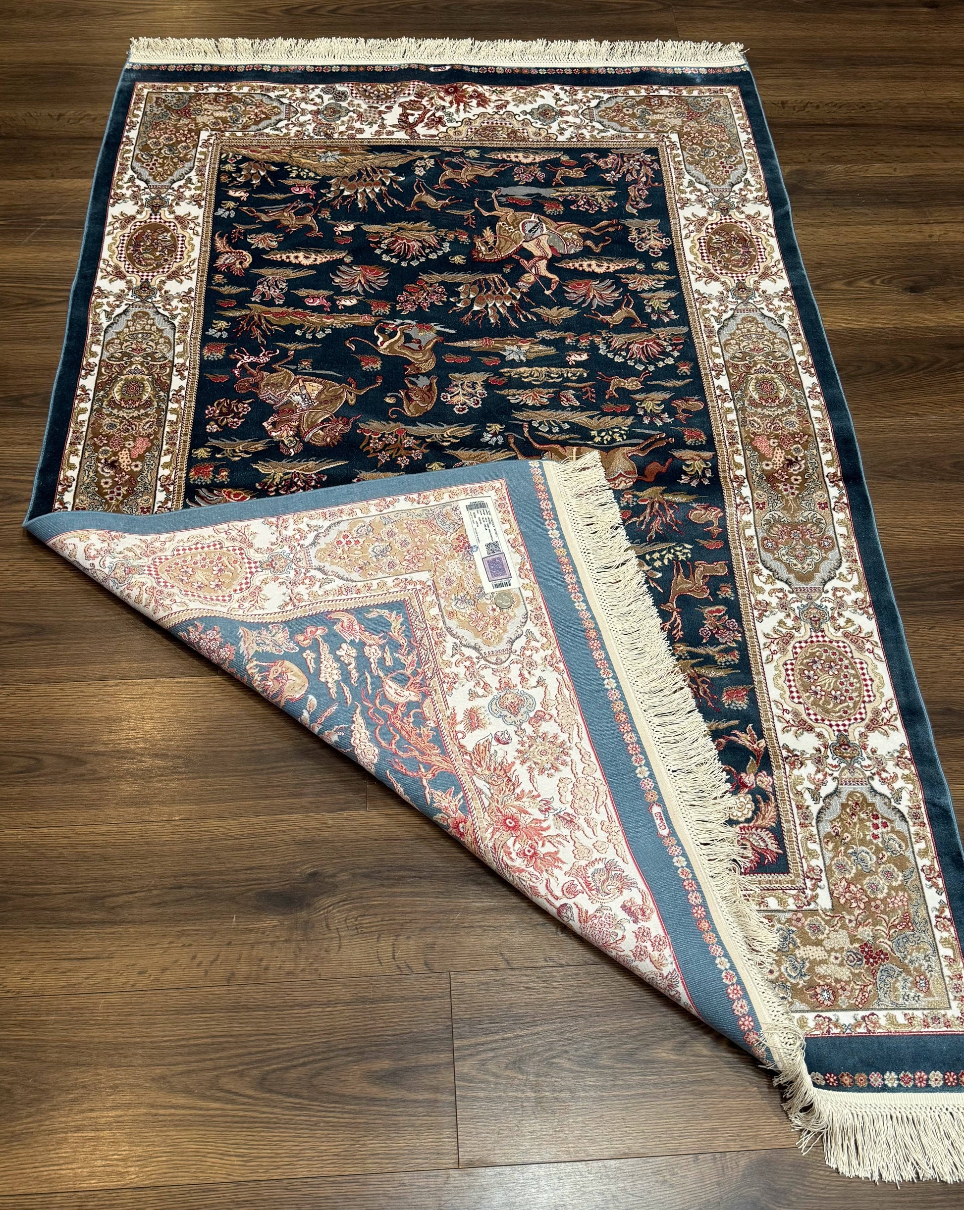 Turkish Silk Hunting Design Rug 4x6, Dark Steel Blue & Ivory, Bamboo Silk, New - Nuvé