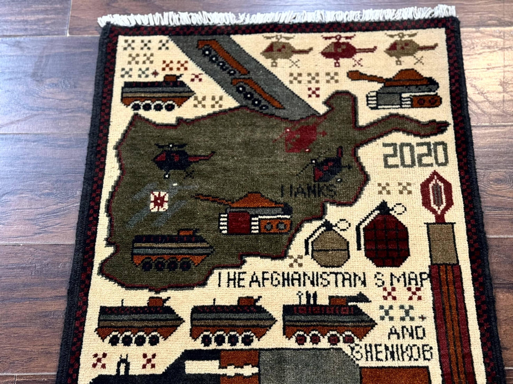 Afghan War Rug, Tanks Helicopters Guns - Nuvé