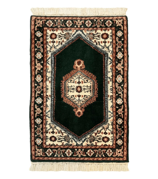 Small Indo Persian Dark Green Rug 2x3, Geometric Semi Open Field