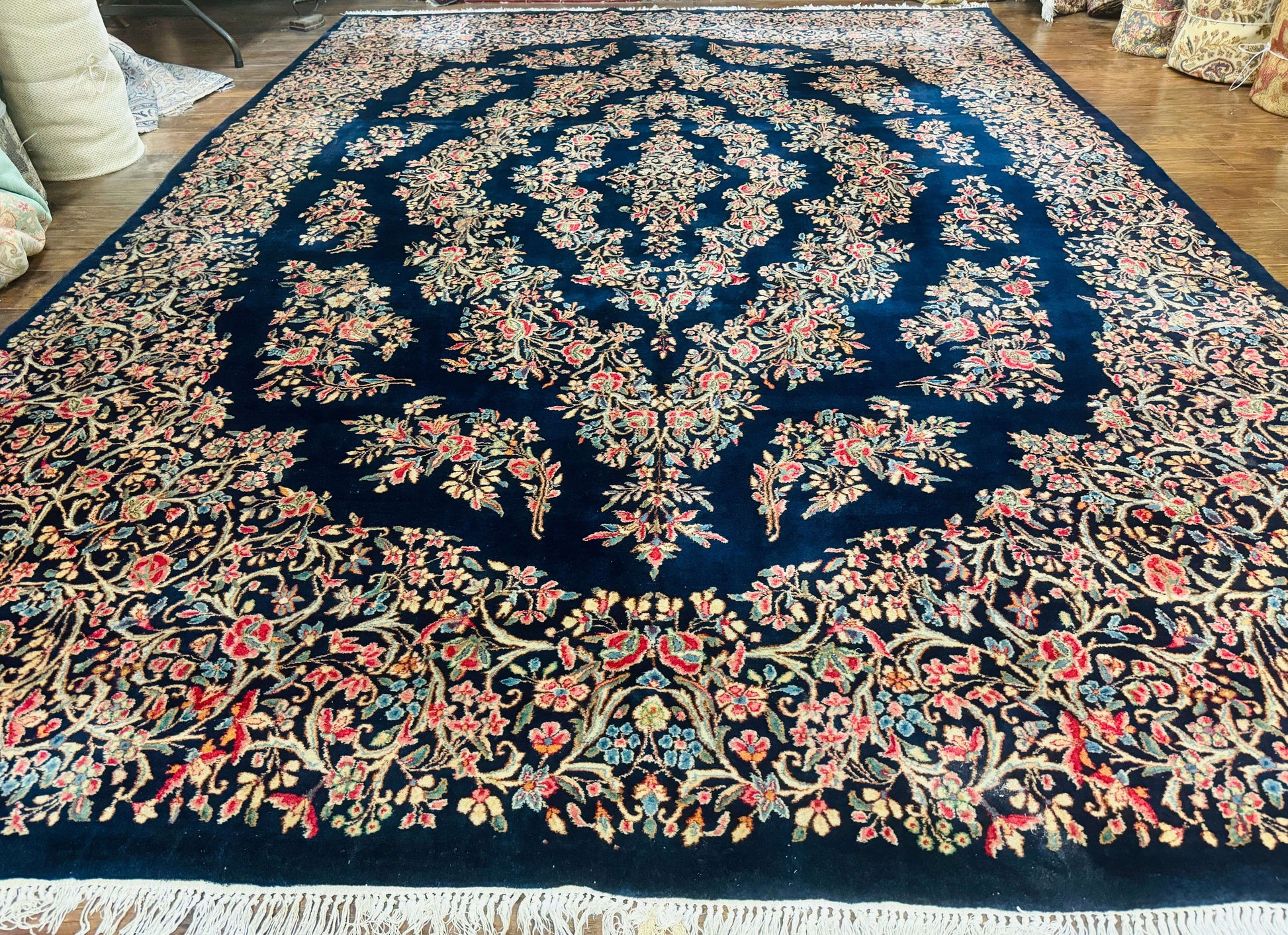 Antique Persian Kerman Rug 10x13, Navy Blue Floral Carpet, Fine 270 KPSI - Nuvé
